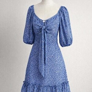RUMOR Front-Tie Blue Floral Puff Sleeve Ruffle Hem Dress